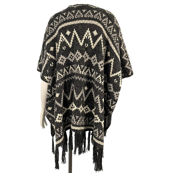 Debut Aztec Southwestern Fringe Sweater Poncho Open Front Cardigan S/M Boho - Picture 10 of 12
